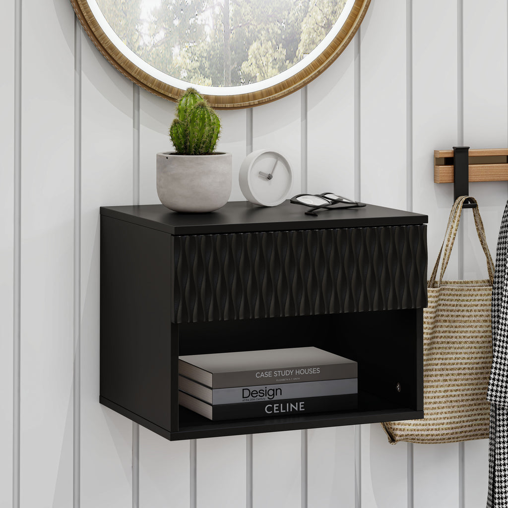 set of 2 nightstand with Space-Saving Wall-Mounted Cabinet: Drawer, Open Storage, 3-Section Slides, Carved Surface, Anti-Shaking, DIY, for Bedroom/Office