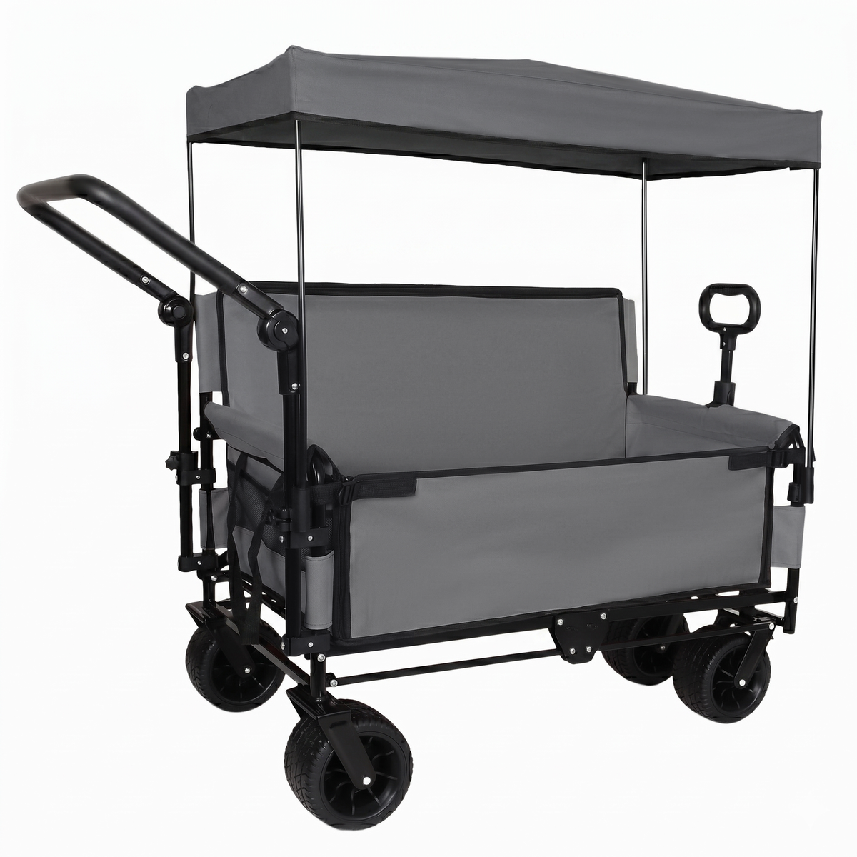 3-in-1 Folding Wagon Cart with Bench Seat & Canopy & Storage, 500lbs Heavy-Duty, 180L Capacity, All-Terrain Wagon for Camping, Beach, Sports, & Garden, Gray