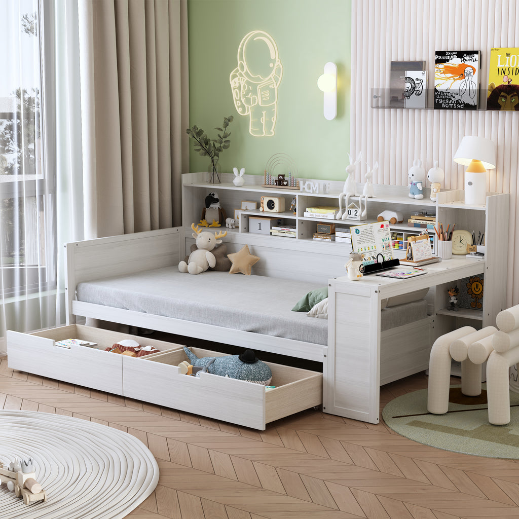 Wooden Twin Size Daybed with Storage Shelves, Multi-functional Bed with Two Storage Drawers and  Study Desk, Antique White (Old SKU: N733S241484K)