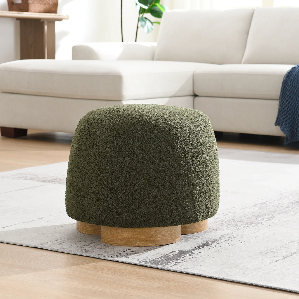 Fully Assembled Round Soft Teddy Fabric Upholstered Ottoman, Footstool with Soft Padded Seat, Fully Assembled Modern Sofa Couch Footrest, Extra Seating for Bedroom Entryway, Olive Green - Eloy Royal