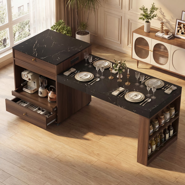 78.8'' Rolling Kitchen Island with 3-Stage Extendable Dining Table (Seats 6-8),Built-in Power Outlet, Ample Storage Drawers & Cabinets,Mobile on Wheels - High-Density MDF,Easy Assembly(Walnut)