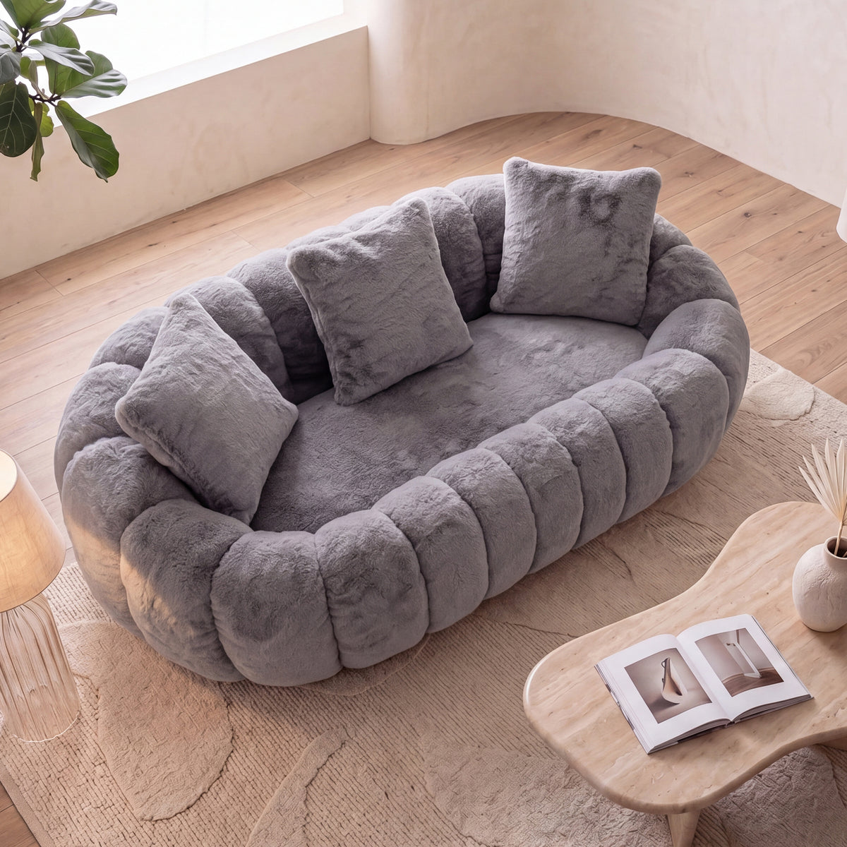 Floral-shaped sofa, ultra-soft faux fur sofa, large living room two-seater sofa, Gray, two-person style
