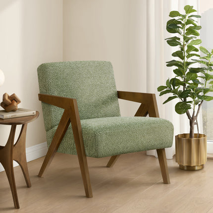 Accent Chair, 30'h, Upholstered, Living Room, Bedroom, Green Fabric, Brown Walnut Solid Wood, Modern, Mid Century