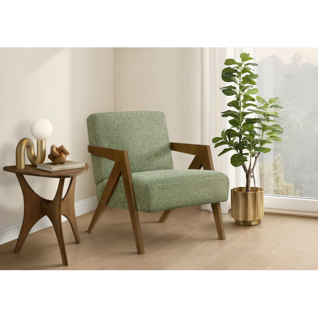 Accent Chair, 30'h, Upholstered, Living Room, Bedroom, Green Fabric, Brown Walnut Solid Wood, Modern, Mid Century