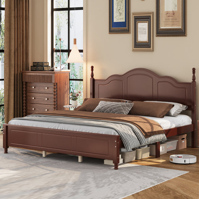 King Size Platform Bed Frame with Retro Wave Headboard, Wooden Slat Support, No Box Spring Needed,  Easy Assembly, Sturdy Structure ,Bedroom Furniture with Classic Vintage Design, Dark Walnut