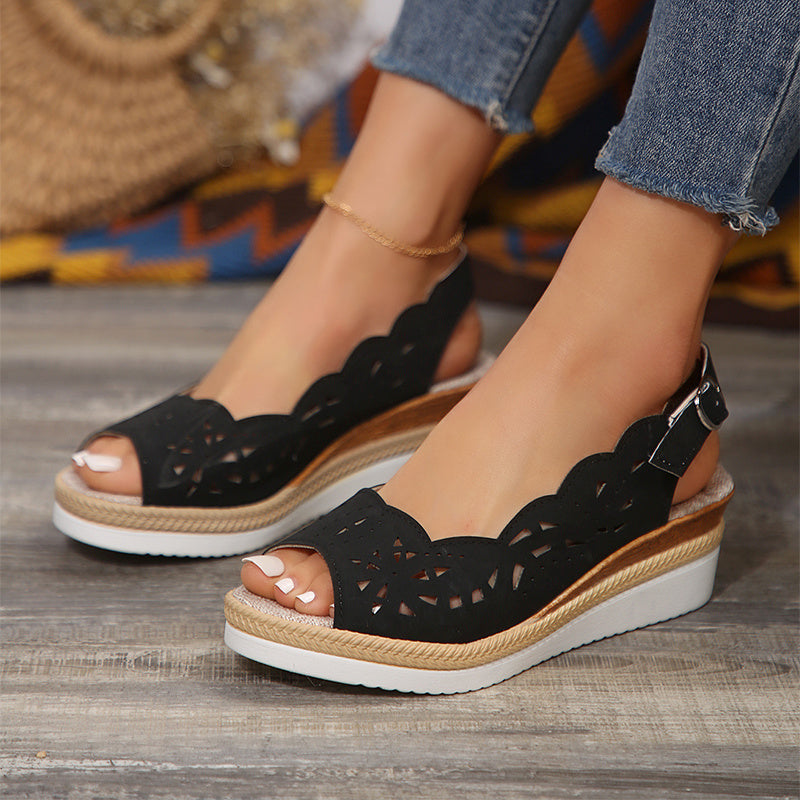 New Fish-mouth Wedge Sandals Summer Thick-soled Hollow Buckle Roman Shoes For Women - Eloy Royal