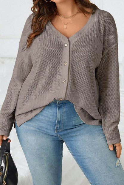 Simply Taupe Waffle Knit Drop Shoulder Button Front Plus Size Top - Eloy Royal