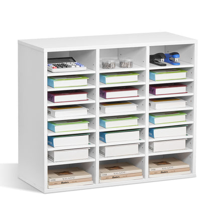 Literature Organizer, 24 Compartments Office Mailbox with Adjustable Shelves, Wooden Mailbox Sorter Medium Density Fiberboard Office Home Classroom Storage for Files, Documents, Papers, White