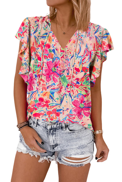 Multicolour Floral Print Tied V-Neck Ruffle Sleeve Blouse - Eloy Royal