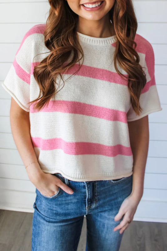 Pink Stripe Drop Sleeve Lightweight Knitted Top - Eloy Royal