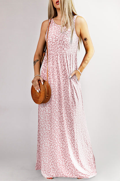 Pink Sleeveless Floor Length Leopard Print Dress with Pockets - Eloy Royal