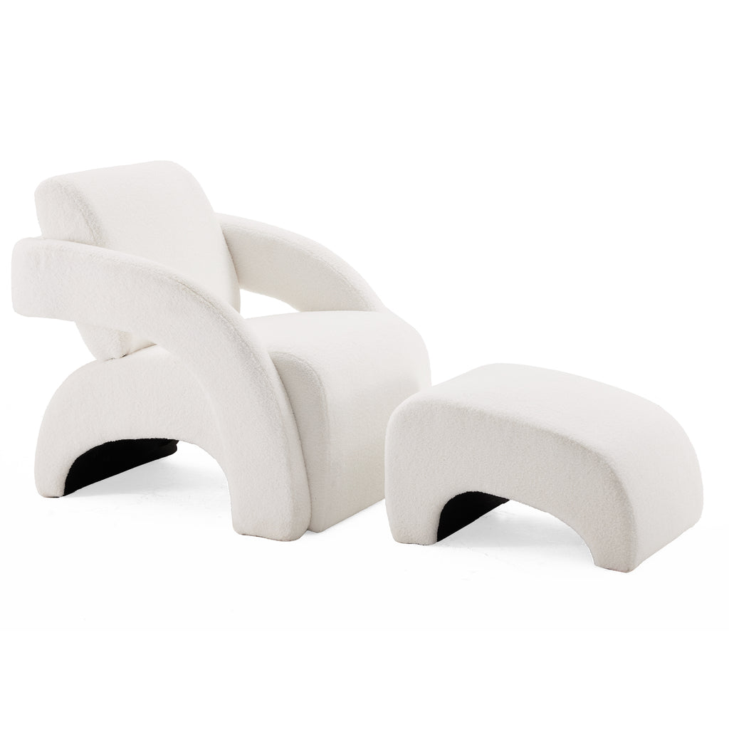 Upholstered Armchair with Ottoman – Plush Bouclé Fabric, Curved Seat & Sled-Base Lounge Chair for Living Room, Bedroom, Study