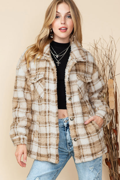 Khaki Sherpa Plaid Button Pocketed Jacket - Eloy Royal