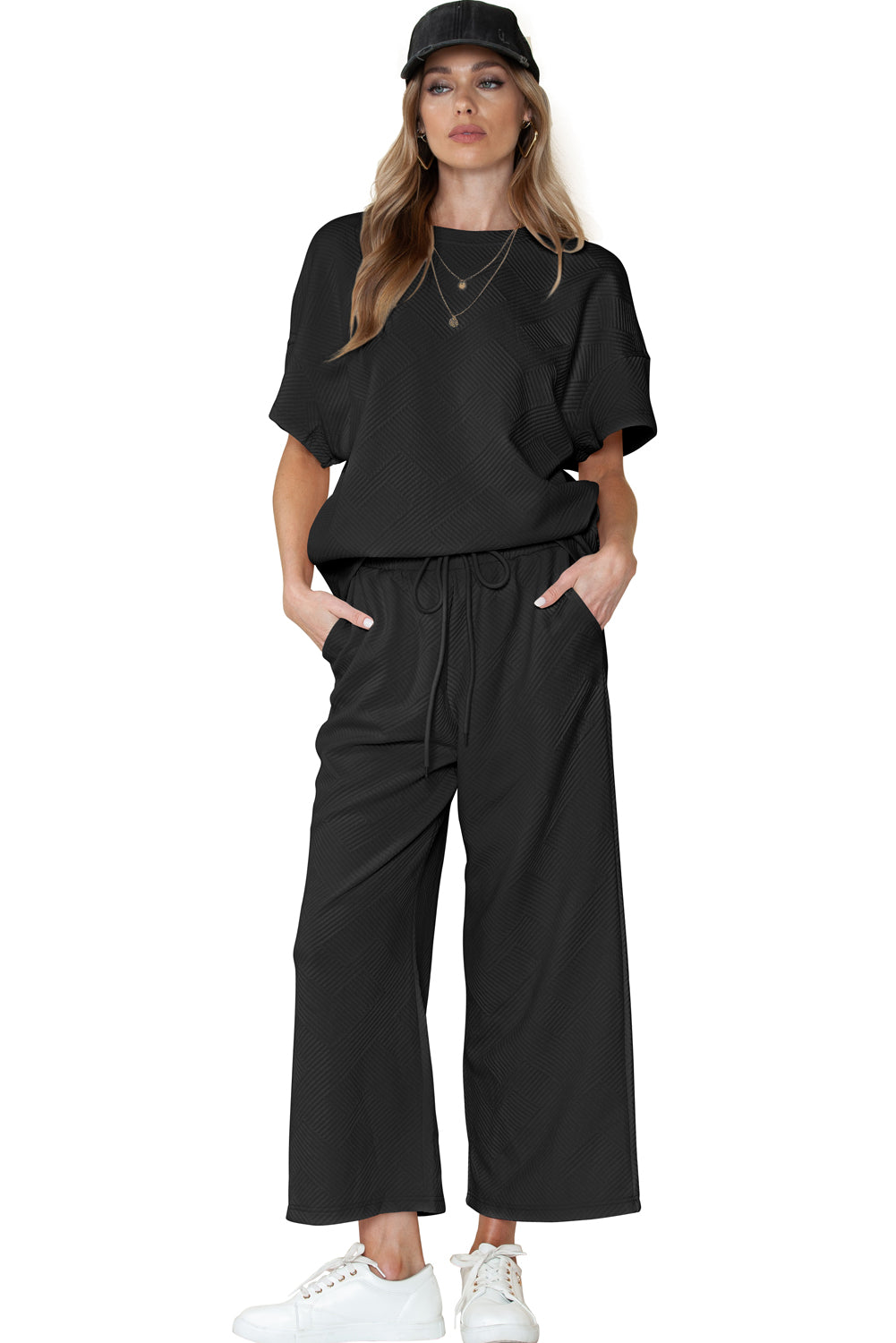 Black Textured Loose Fit T Shirt and Drawstring Pants Set - Eloy Royal