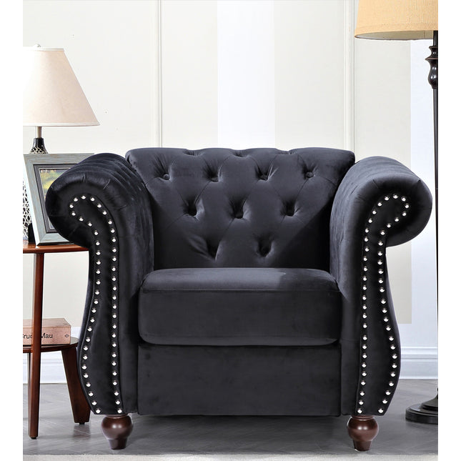 Chesterfield Crushed Velvet Accent Chair, Button Tufted Single Sofa Chair with Rolled Arms, Wood Tapered Legs, High Density Foam Spring Support, Comes with Matching Bolster