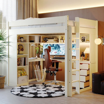 Full Size Solid Wood Loft Bed with L-Shaped Desk and 4 Drawers, Ash Veneer High Loft Bed with Smart APP Control LED Light Strip, USB Charging Ports and 4-Tier Open Shelves, White