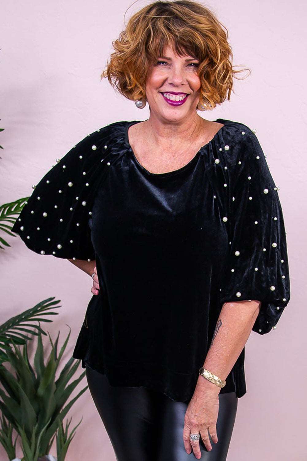 Black Pearl Embellished Puff Sleeve Velvet Plus Size Top