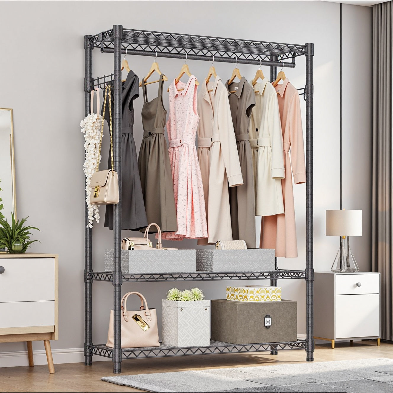 Heavy Duty Garment Rack, Freestanding Clothing Rack for Hanging Clothes with 1 Rod, 3 Tiers & Side Hooks, Adjustable Metal Wardrobe Closet Organizer, 45.3' W x 15.7' D x 72.4' H, Dark Grey