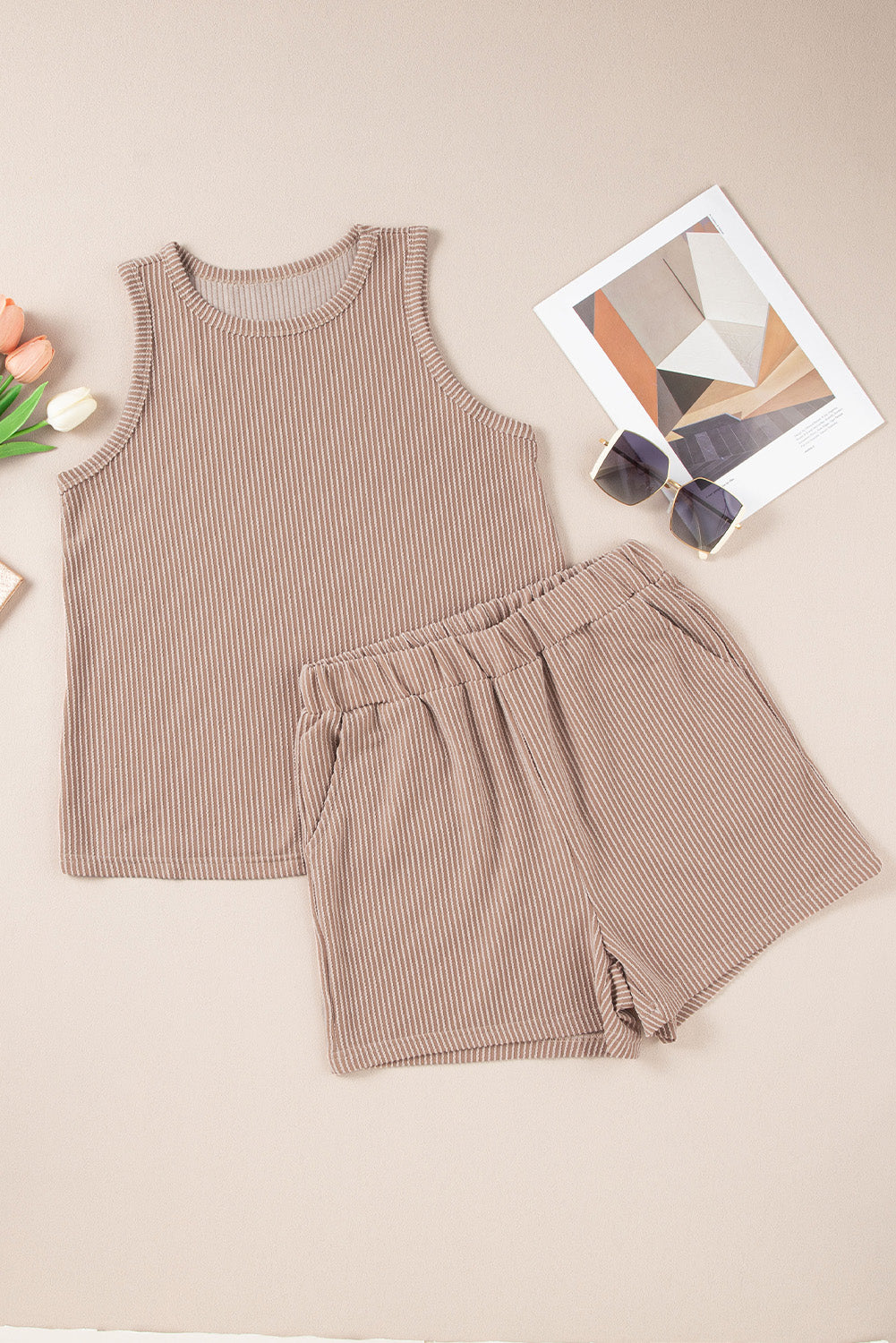 Smoke Gray Corded Tank Top and Pocketed Shorts Set - Eloy Royal