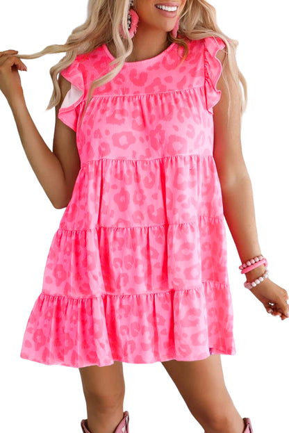 Pink Leopard Round Neck Ruffle Tiered Mini Dress - Eloy Royal