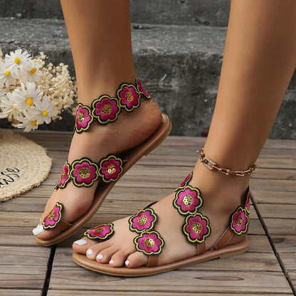 Ethnic Style Flowers Flat Sandals Summer Vacation Casual Clip Toe Beach Shoes For Women - Eloy Royal