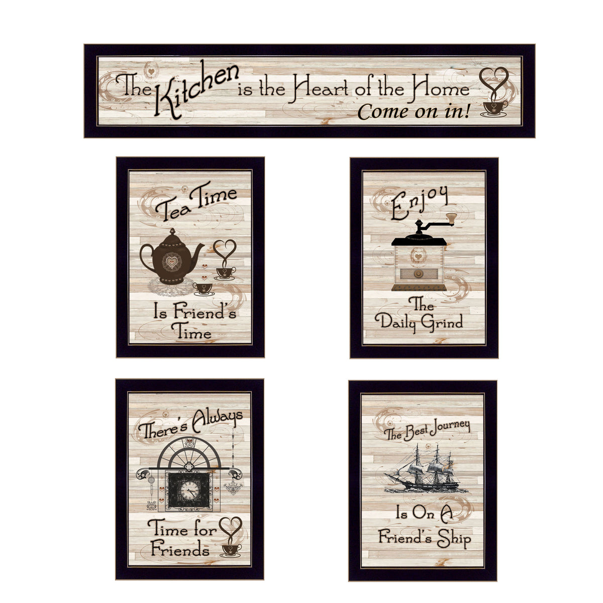 Trendy Decor 4U 'Kitchen Friendship Collection II' Framed Wall Art, Modern Home Decor 5 Piece Vignette for Living Room, Bedroom & Farmhouse Wall Decoration by Millwork Engineering