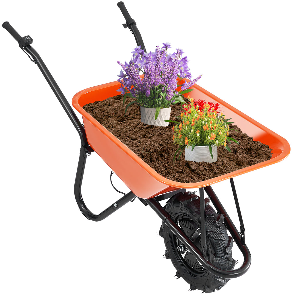 Electric Wheelbarrow Cart, 500W Powered Utility Garden Wagon Dump Cart, 4 Cu. Ft. Load & 330 lbs Capacity with Metal Handle & 16' Track Wheels, One Wheel Barrow Yard Cart & Wagons for Lawn Farm