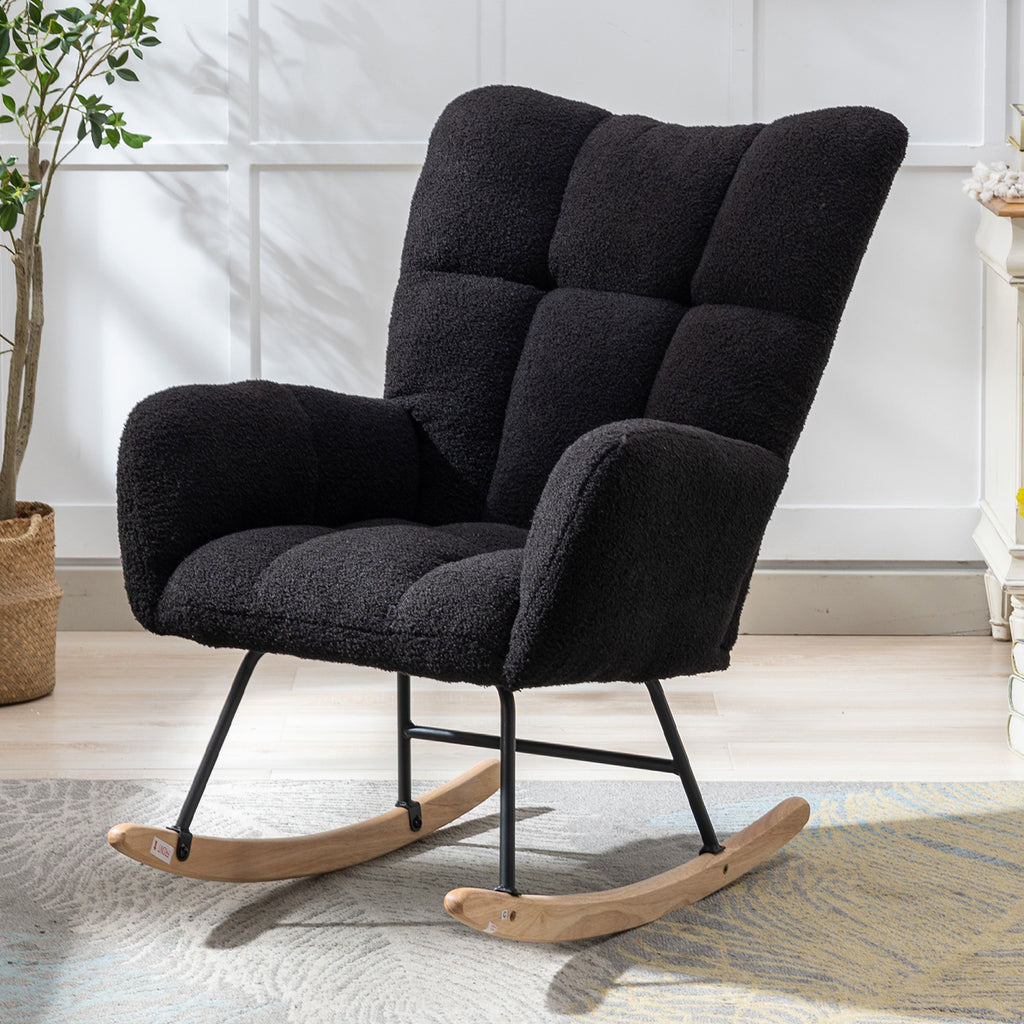 Dark Blue Teddy Fabric Wingback Glider Rocker with Side Storage Pocket, Soft Comfy Nursing Rocking Chair, Sturdy Safe Solid Wood Base, Multiuse Accent Chair for Nursery & Living Room.