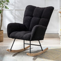 Dark Blue Teddy Fabric Wingback Glider Rocker with Side Storage Pocket, Soft Comfy Nursing Rocking Chair, Sturdy Safe Solid Wood Base, Multiuse Accent Chair for Nursery & Living Room.