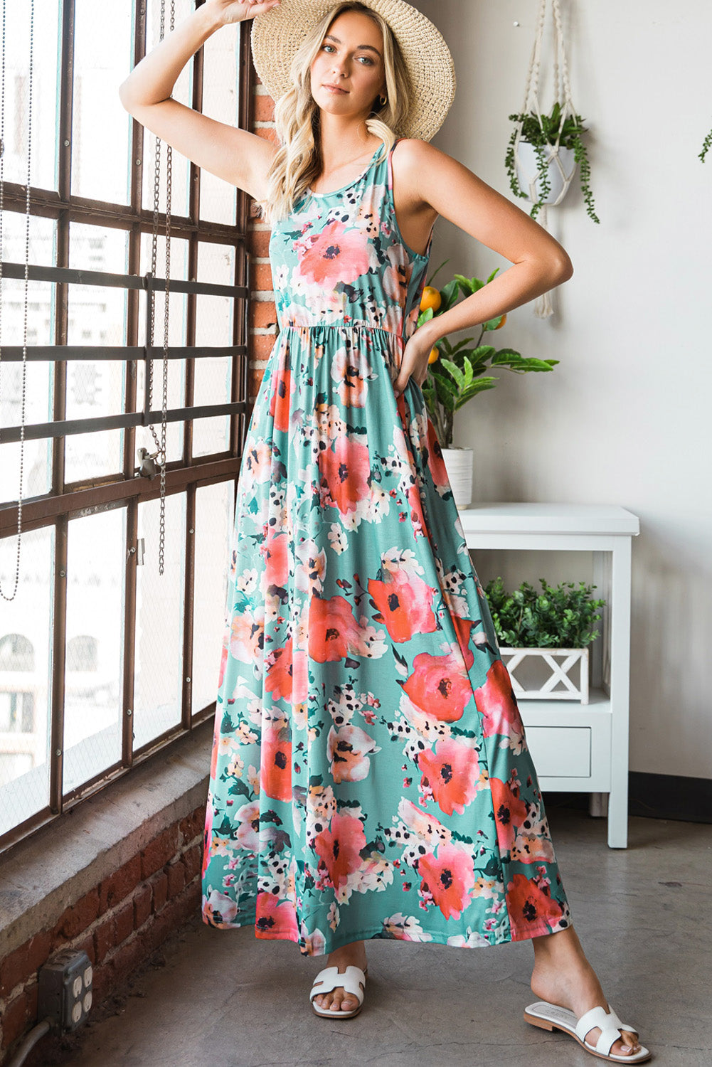 Green Floral Print Sleeveless Maxi Summer Tank Dress - Eloy Royal