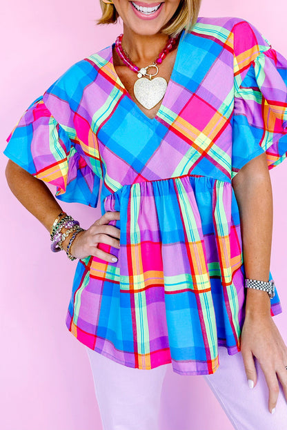 Sky Blue Colorful Plaid V Neck Ruffled Babydoll Blouse - Eloy Royal