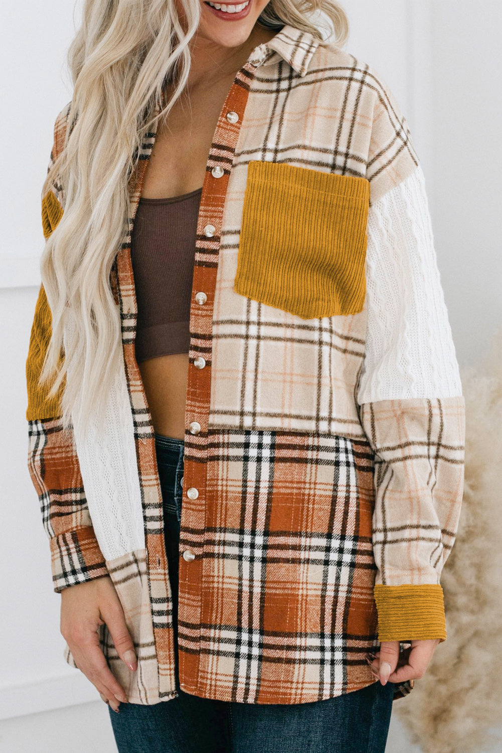 Orange Plaid Color Block Patchwork Pocket Shirt Shacket - Eloy Royal