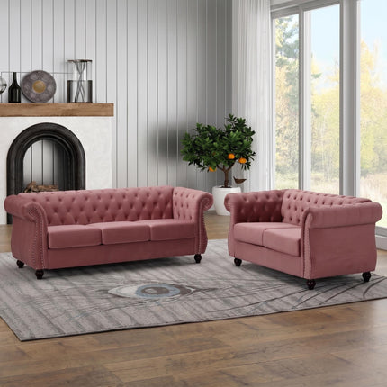 Chesterfield 2-Piece Crushed Velvet Living Room Sofa Set, 3-Seater Sofa & 2-Seater Loveseat Combo, Button Tufted Rolled Arms, Solid Wood Tapered Legs, High Density Foam & Spring Cushions