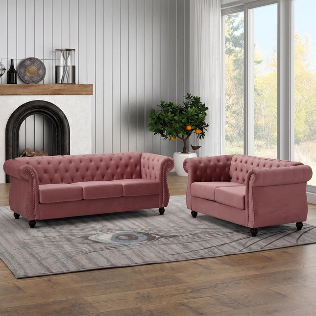 Chesterfield 2-Piece Crushed Velvet Living Room Sofa Set, 3-Seater Sofa & 2-Seater Loveseat Combo, Button Tufted Rolled Arms, Solid Wood Tapered Legs, High Density Foam & Spring Cushions