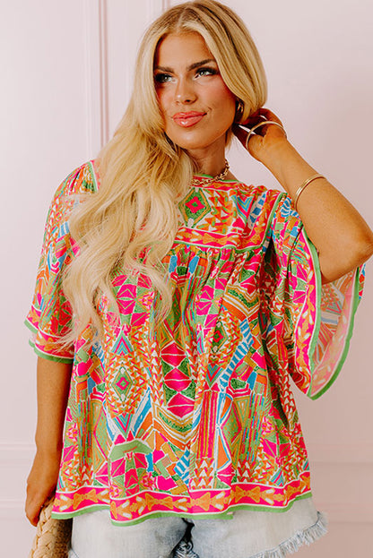 Green Geometric Print Bell Sleeve Plus Size Blouse - Eloy Royal