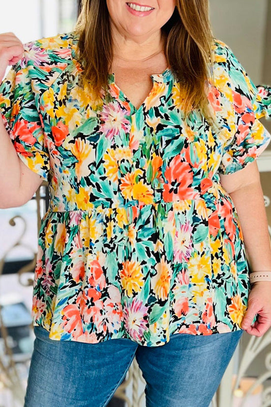 Multicolor Plus Size Ruffled Short Sleeve Floral Blouse - Eloy Royal