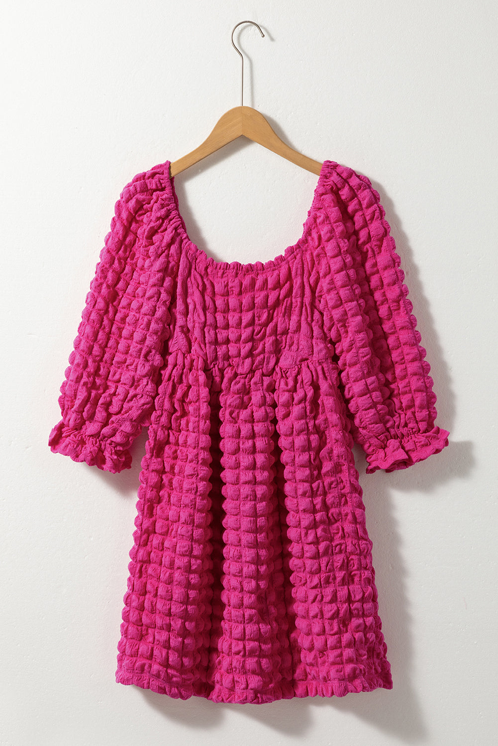 Strawberry Pink Bubble Textured Square Neck Babydoll Dress - Eloy Royal