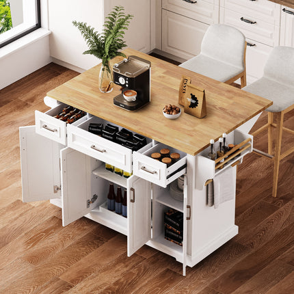 K&K Large Kitchen Island with Rubber Wood Drop Leaf