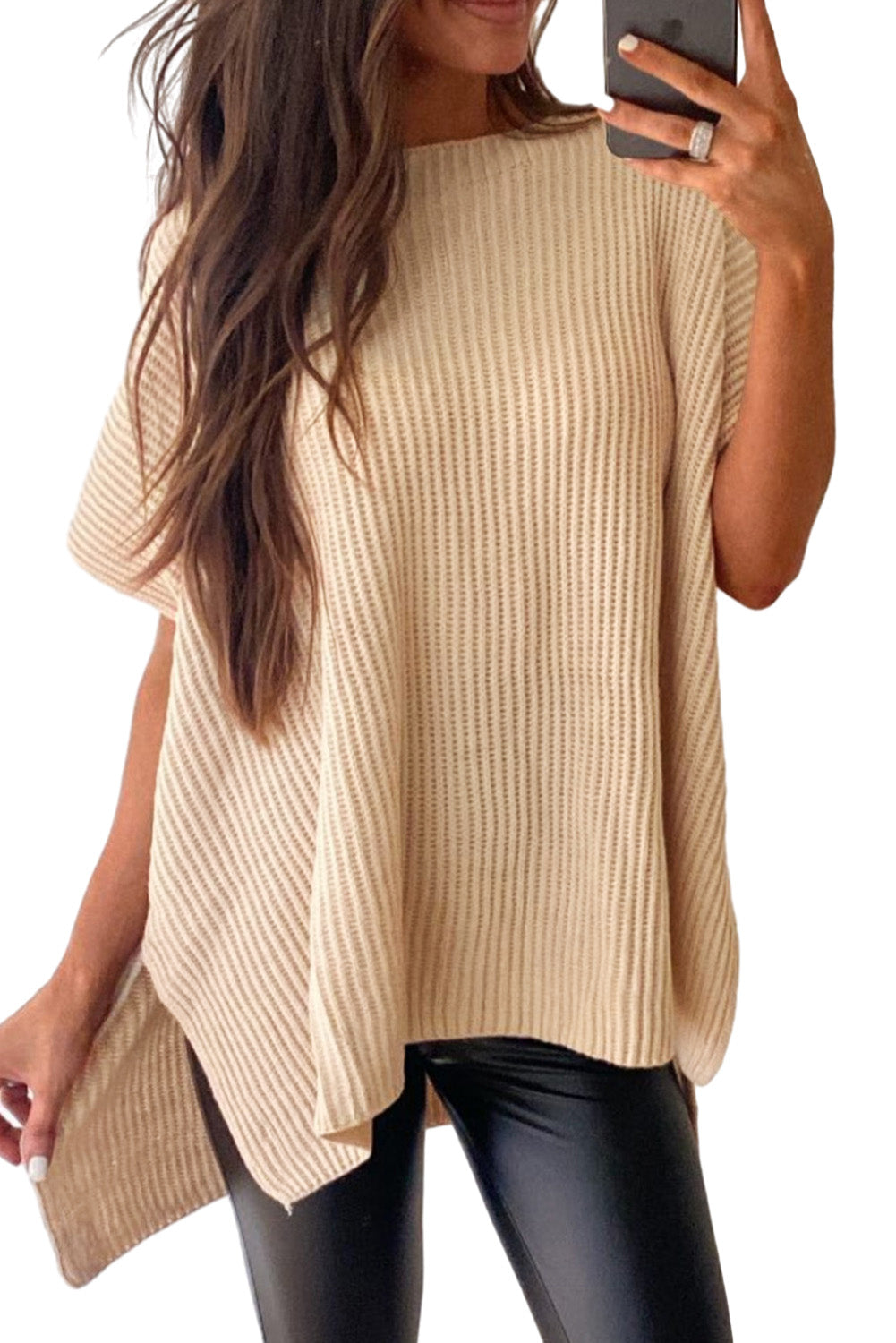 Wholesale Apricot Side Slit Short Sleeve Oversized Sweater - Eloy Royal