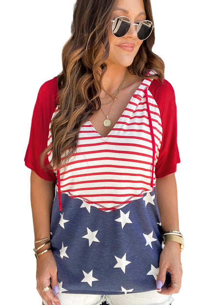 Fiery Red Stars and Stripes Print Drawstring Hooded T Shirt - Eloy Royal