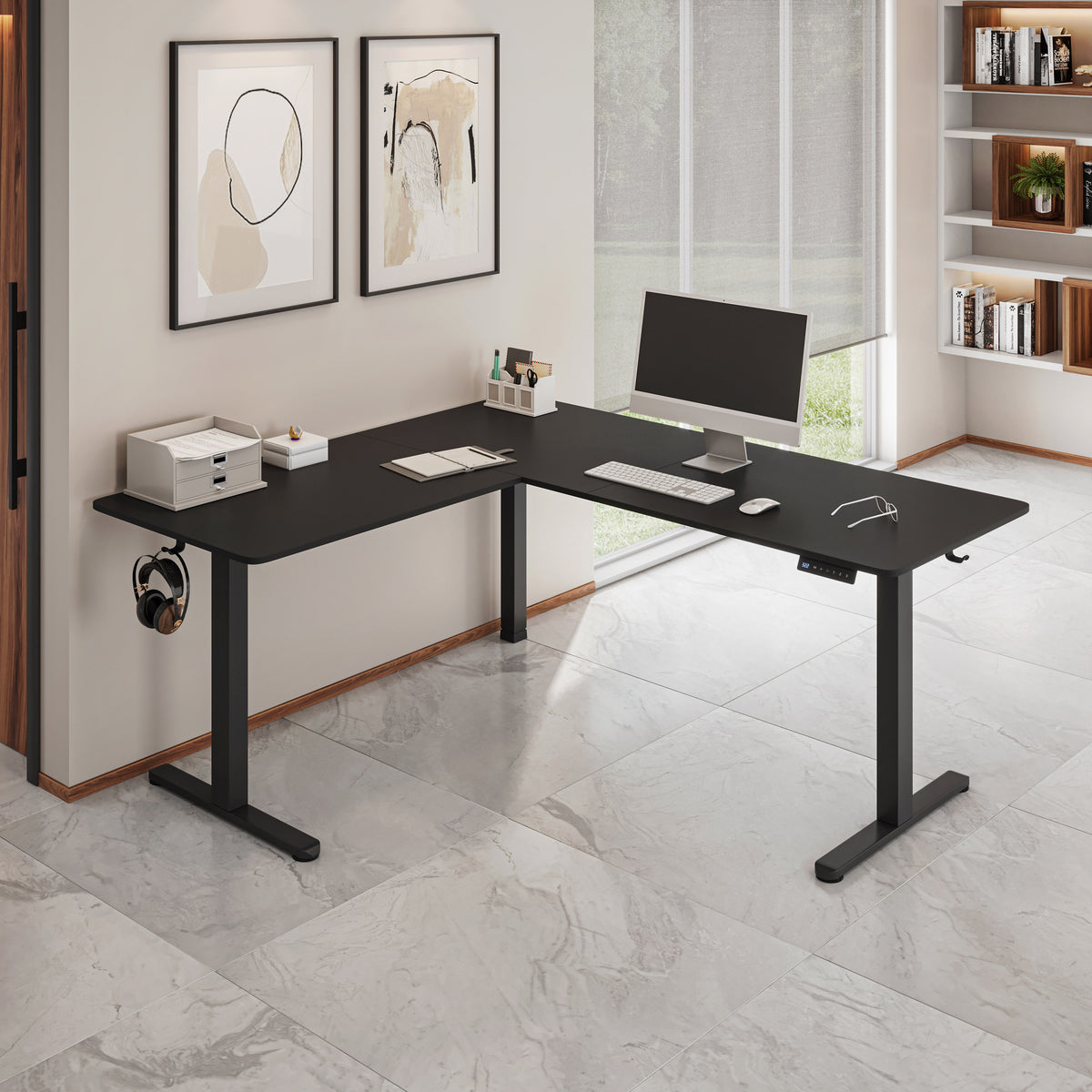 63' W L-Shaped Electric Standing Desk with Spacious Desktop, 3 Memory Height Presets and 2 Accessory Hooks, Black