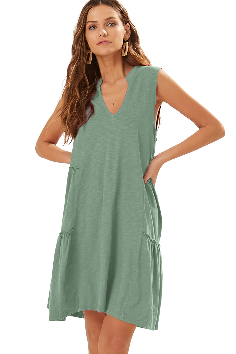 Moonlight Jade Split V Neck Tiered Flowy Sleeveless Dress - Eloy Royal