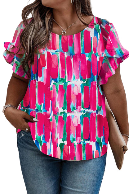 Rose Plus Size Abstract Print Ruffled Petal Sleeve Blouse - Eloy Royal