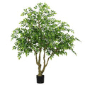 A 7-foot-tall artificial banyan tree with a natural trunk and lifelike leaves, made of green plastic, suitable for both indoor and outdoor use.