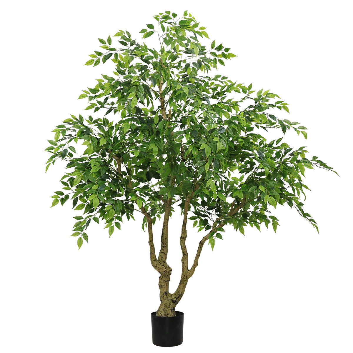 A 7-foot-tall artificial banyan tree with a natural trunk and lifelike leaves, made of green plastic, suitable for both indoor and outdoor use.