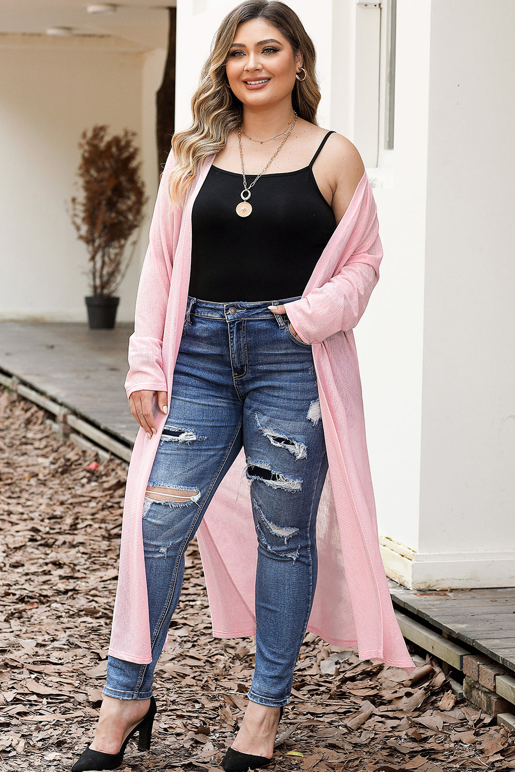 Pink Sheer Knitted Long Side Slit Plus Size Cardigan - Eloy Royal