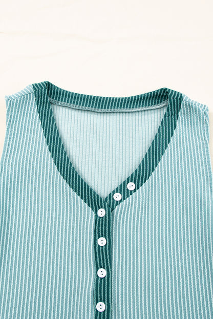 Mint Green Button Contrast V Neck Corded Tank Top - Eloy Royal