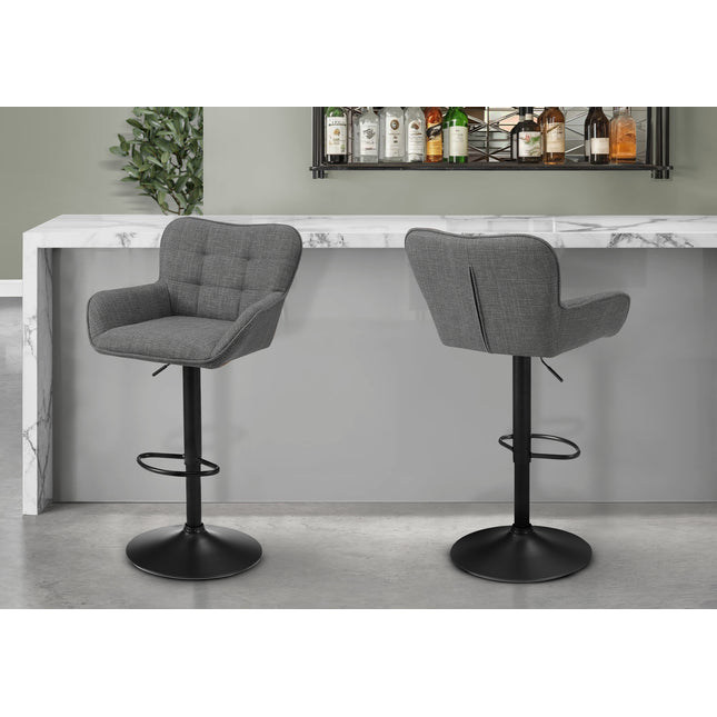 Barstool, Set Of 2, Adjustable, Swivel, Bar Height, Counter Height, Kitchen, Grey Fabric, Black Metal, Contemporary, Modern