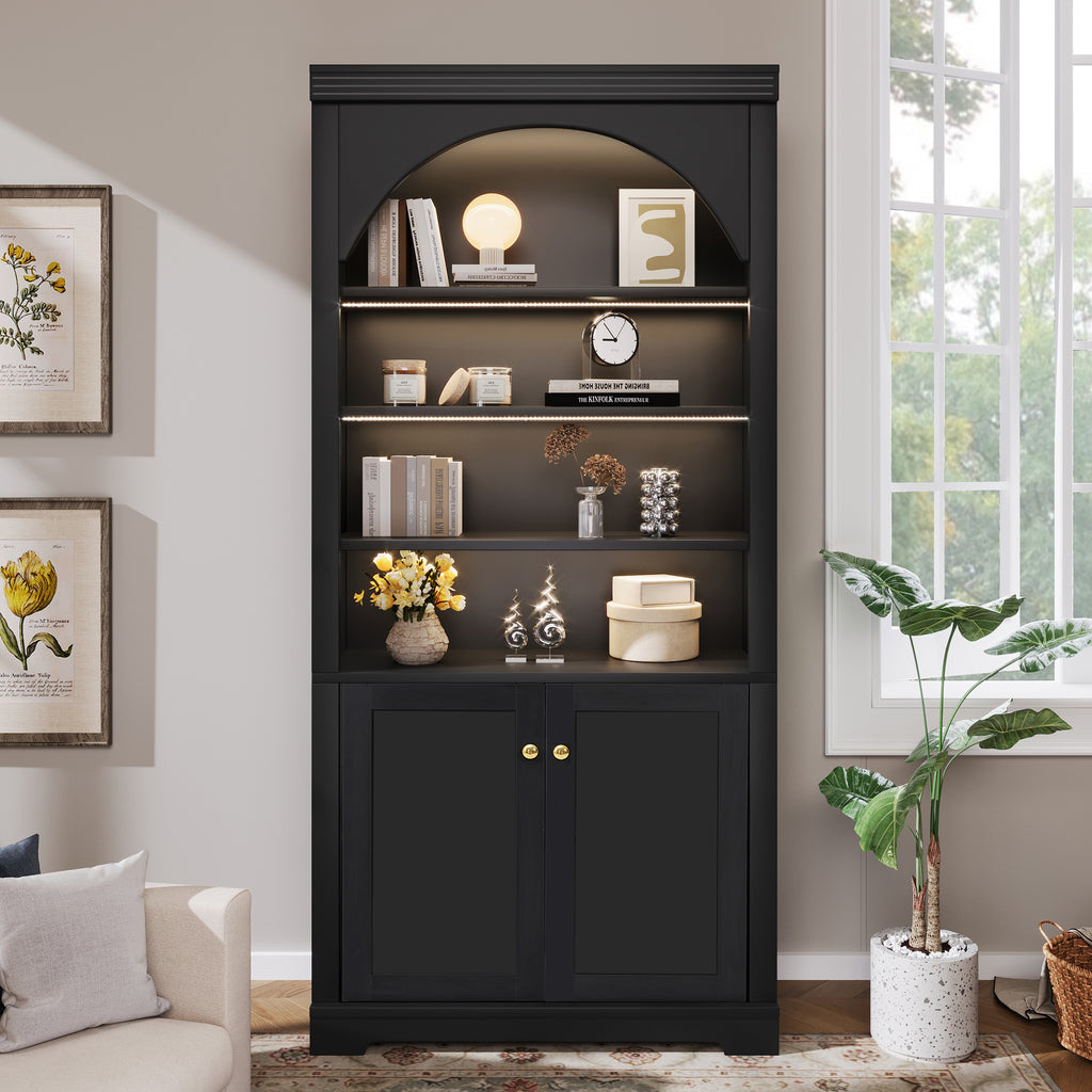 Tall Bookshelf with 4-layer LED Lightings,Modern Bookcase with Doors and Open Adjustable Shelves,Storage Bookshelf for Living Room,Home Office,Black
