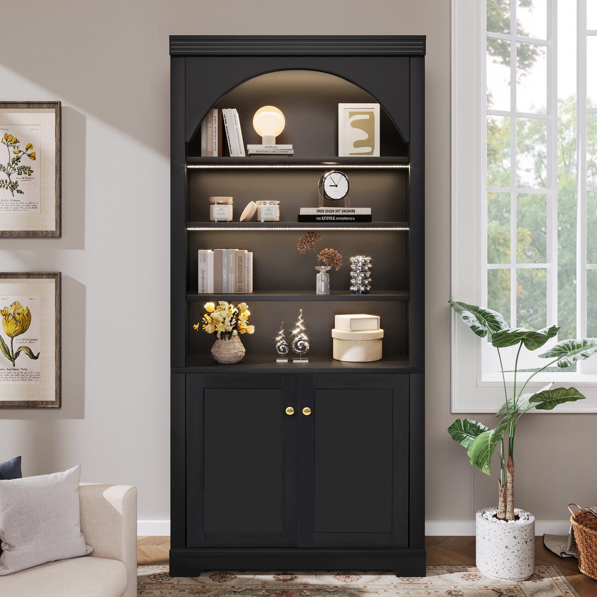 Tall Bookshelf with 4-layer LED Lightings,Modern Bookcase with Doors and Open Adjustable Shelves,Storage Bookshelf for Living Room,Home Office,Black